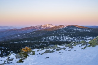 View from Mount Lusen over the hills of the bavarian forest at sunrise, Bavaria, Germany