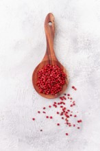 Wooden spoon with red peppercorns, on a light background, top view