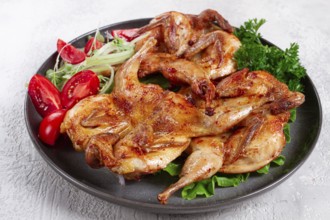 Baked quail, served on a plate with crispy lettuce leaves, fresh tomatoes and herbs, on a dark