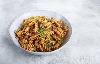 Pasta in navy, pasta with minced meat, gray background, homemade, fusilli pasta, no people