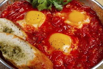 Shakshuka, breakfast, fried eggs in tomato sauce, with spices and herbs, homemade, no people