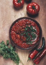 Chashushuli, a traditional Georgian dish, spicy, stewed meat with tomatoes and spices, homemade, no