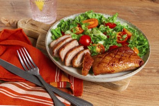 Delicious grilled duck breast served with fresh garden salad and cherry tomatoes at a rustic dining