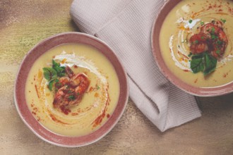 Pumpkin cream soup with shrimp, herbs and spices, homemade, no people