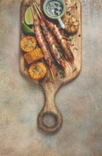 Langoustines on skewers, shrimp kebab, with fried corn, spices and herbs, homemade, no people