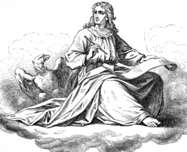 Picture introducing the Gospel of John, John the Baptist, eagle, scroll, pen, cloud, New Testament,