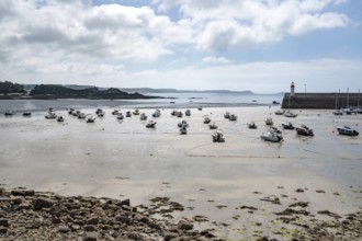 Numerous smaller fishing boats and motorboats lie in the shallow harbor basin on wet, muddy sand at