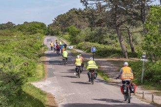 A group of cyclists, many wearing bright yellow or orange safety vests and equipped with panniers,