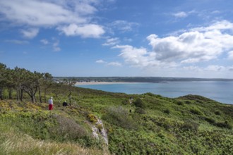 An elevated panorama shows the vast landscape of Cap d'Erquy covered with pine, broom and low