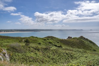 The elevated panorama shows the pine, broom and low scrub landscape of Cap d'Erquy and the