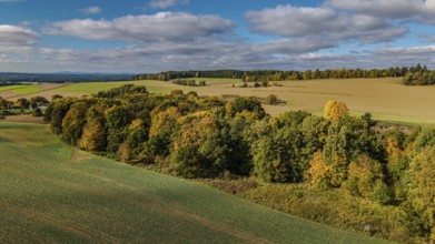 In this rural area, autumn trees of various colors can be seen. The rolling hills and clear skies