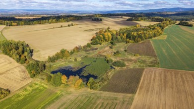 Colourful autumn colors characterize the rural scene with a small pond surrounded by meadows and