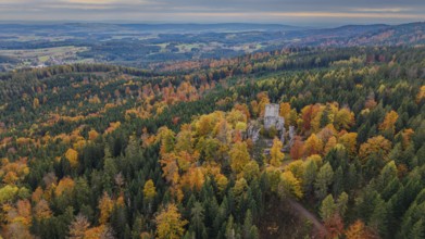 In the beautiful autumn landscape, the remains of the Weissenstein castle ruins stand in the middle