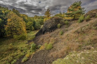 The scene shows a varied autumn landscape with colorful trees. The sky is cloudy and makes the