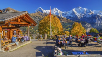 Sun terrace of the mountain inn in the hamlet of Sulwald with Eiger 3967m, Mönch 4110m and Jungfrau