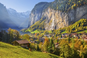 View of town and valley with Staubbach waterfall in autumn, Lauterbrunnen, Bernese Oberland, Canton