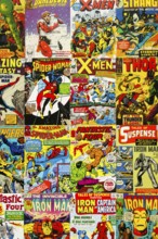 PRAGUE, CZECH REPUBLIC - JANUARY 29: Colorful vintage comic magazine covers top view flat lay