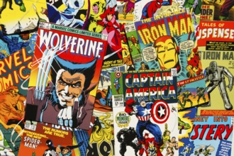 PRAGUE, CZECH REPUBLIC - JANUARY 29: Colorful vintage comic magazine covers top view flat lay