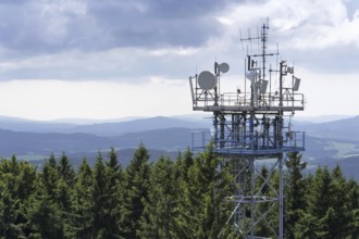 Bunch of transmitters and aerials on the telecommunication tower Prague Czech republic