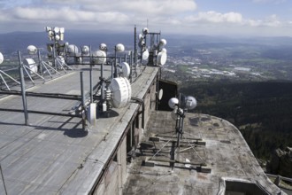 Bunch of transmitters and aerials on the telecommunication tower Liberec Czech republic