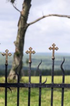Beautiful small iron crossed fence decoration, graveyard wall with green woods in background, life
