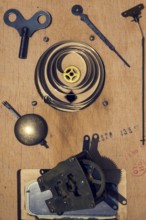 Retro vintage clockwork movement watch mechanism on wood Prague, Czech republic