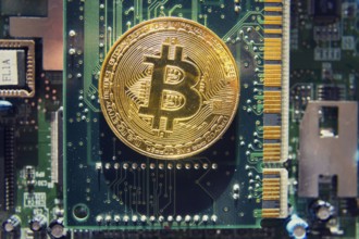 Golden bitcoin coin lying on computer motherboard, cryptocurrency mining concept Prague Czech