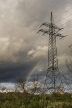 There is a high-voltage pylon in a rural area. Behind the mast, a rainbow appears in the sky. It is