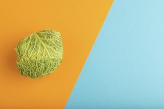 Green lettuce on blue and orange pastel paper background. Top view, copy space, flat lay. healthy