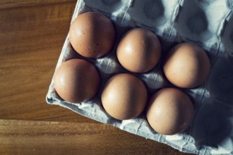 Six brown raw hen eggs on gray tray lying on wooden table, copy space