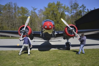 PRAGUE, CZECH REPUBLIC - APRIL 21 2020: Lockheed Electra 10A vintage airplane preparing for flight