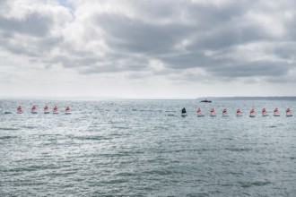 A series of small sailboats, probably optimists, with red and white ringed sails, move in formation