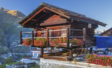 Typical granary on the outskirts of the village, Grächen, Mattertal, Valais, Switzerland