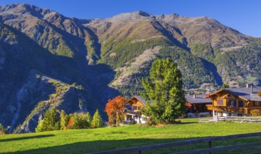 Typical houses across the valley, Grächen, Mattertal, Valais, Switzerland