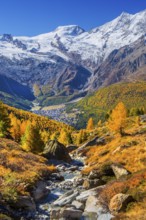 View from Kreuzboden to Saas-Fee with Alphubel 4206m in autumn, Saas-Grund, Saasertal, Valais,