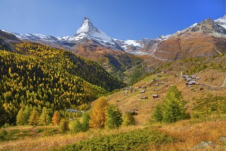 Landscape below the Sunnegga with hamlet of Findeln and Matterhorn 4478 m in autumn, Zermatt,