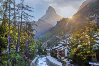 Matterhorn 4478 m above Mattervispa at sunset, Zermatt, Mattertal, Valais, Switzerland