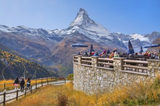 Sun terrace at mountain house on the Sunnegga with Matterhorn 4478 m, Zermatt, Mattertal, Valais,