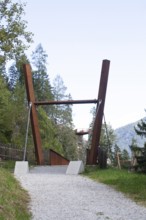 Suspension bridge on the Sunnenseit'n-Weg hiking trail, in autumn, Neustift im Stubai Valley,