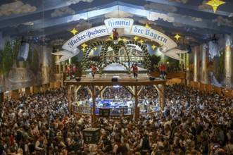 Hacker-Pschorr festival tent, Bavarian sky, interior view, Oktoberfest, Munich, Bavaria, Germany