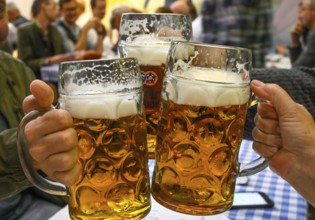 Guests toast with beer mugs, beer mugs, hacker-Pschorr party tent, Bavarian sky, Oktoberfest,