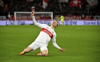 Goal cheers Chris Führich VfB Stuttgart (10) MHPArena, MHP Arena Stuttgart, Baden-Württemberg,