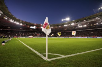 Overview, total, corner flag, logo, VfB Stuttgart, evening game, blue hour, floodlight, MHPArena,