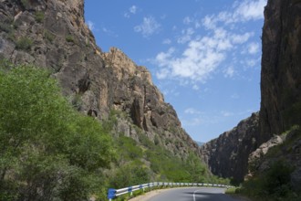 Road through narrow gorge with majestic rock faces, Amaghu Gorge from Noravank Monastery, Noravank,