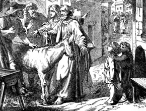 The Lord needs him, a disciple buys a foal for Jesus at the market near Bathania, Gospel of Luke,