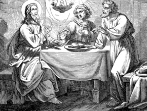 The Risen One is recognized when breaking bread, Gospel of Luke, chapter 24, room, oil lamp, table,