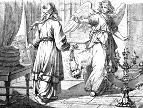 An angel announces the birth of John the Baptist to the pious priest Zacharias, Gospel of Luke,