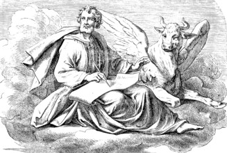 Symbolic image for introduction to the Gospel, Gospel of Luke, Apostle Luke with bull, wing,