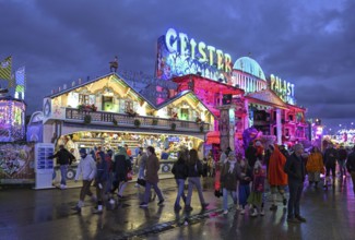 Haunted Palace ride, blue hour, Oktoberfest, Munich, Bavaria, Germany