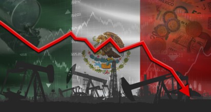 Fall oil price with flag of Mexico on economic chart, Petrol crisis with Mexico flag on financial